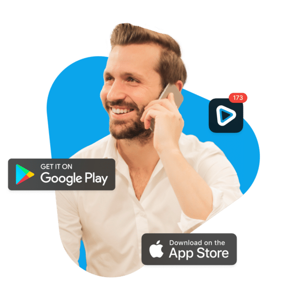 man on phone with Google Play and Apple App Store icons for smrtPhone mobile apps