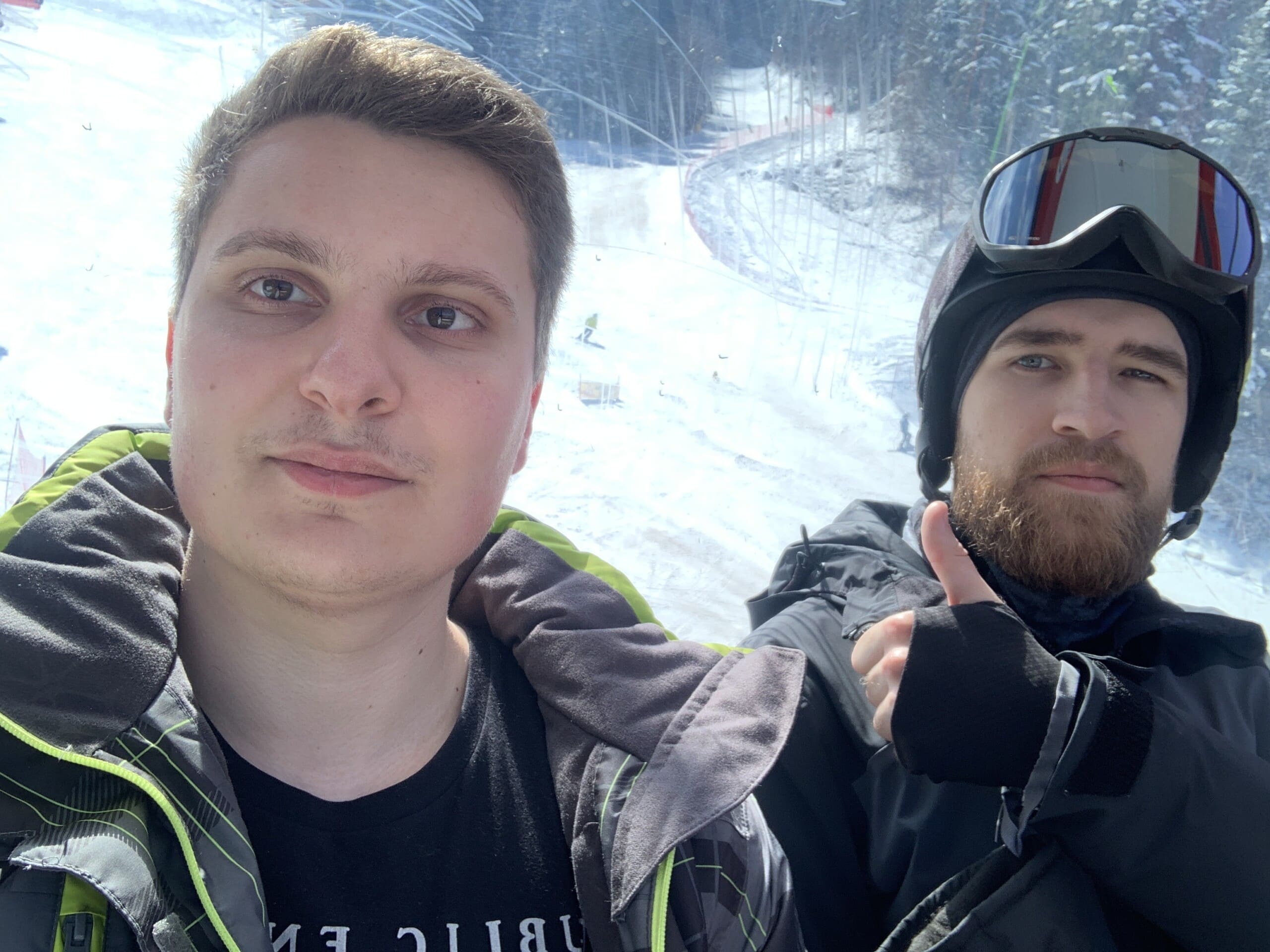 Sebi and Tudor from Customer Support go snowboarding