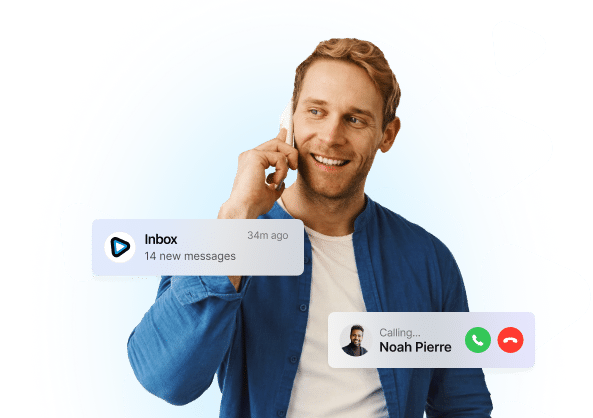 man on phone with smrtPhone message alert and incoming call from Noah Pierre