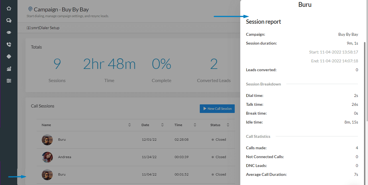 smrtDialer's added feature: Session report