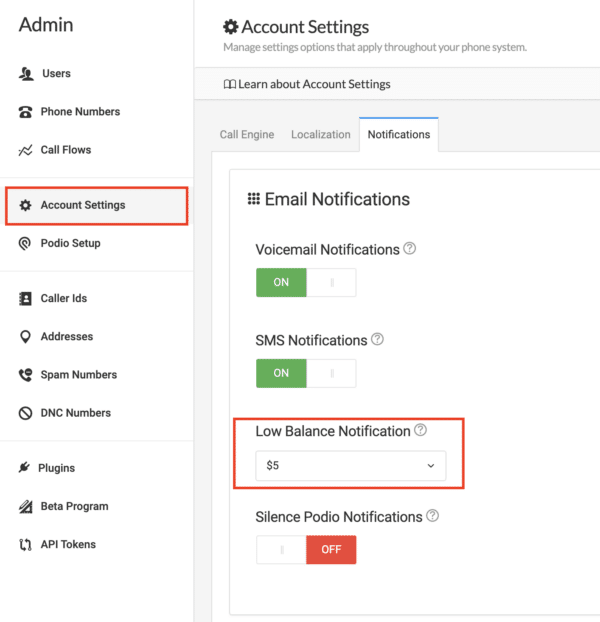 Set a low balance notification in Account Settings