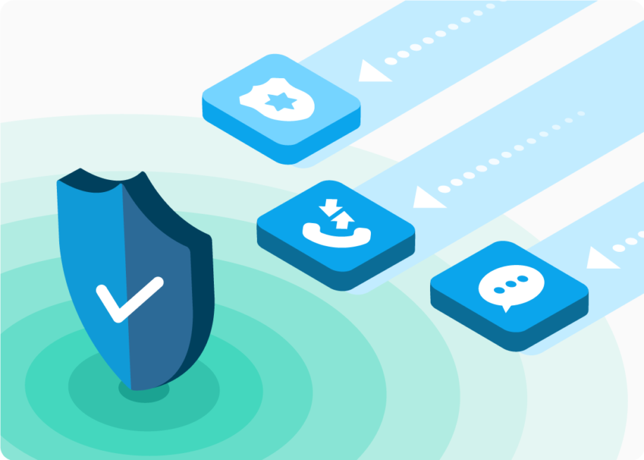 shield with icons heading toward it that show phone, texting and security