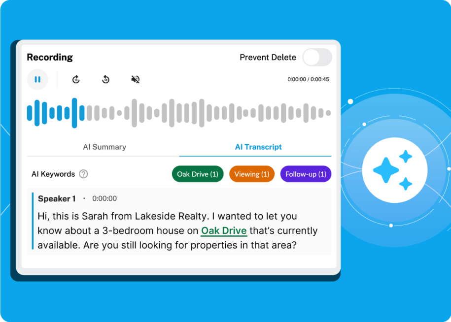 AI transcription of a call depicted by soundwaves and the text appearing below